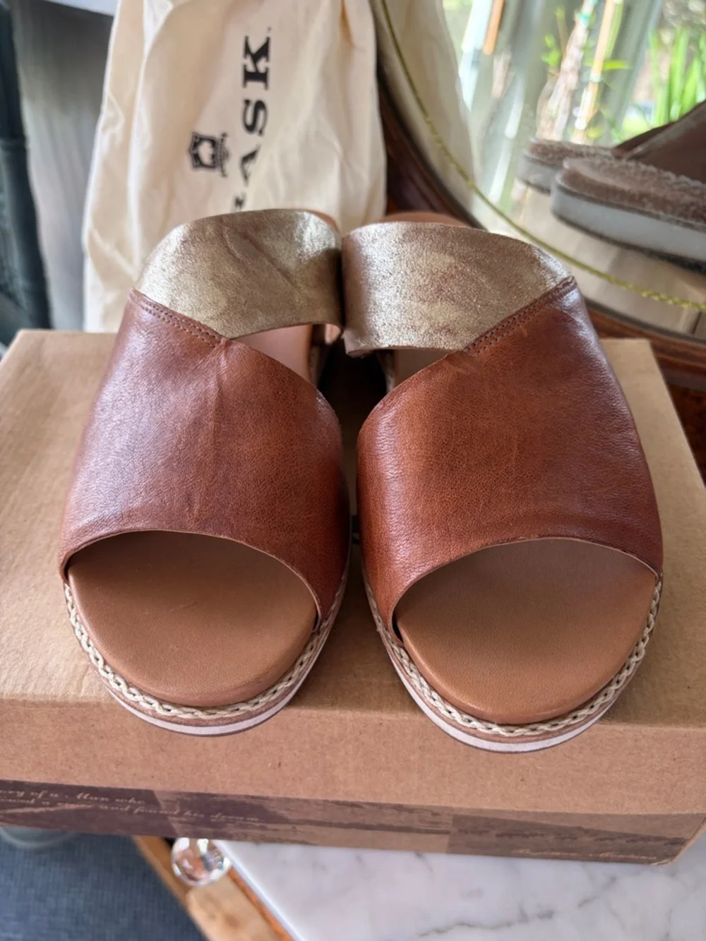 RSVD: Trask Leather Slide Sandals Brown and Metallic - Picture 3 of 10